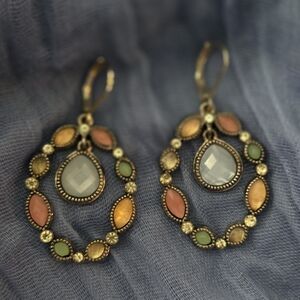 Vintage Multi-Colored Stone Dangle Earrings in Antique Gold Colored Setting